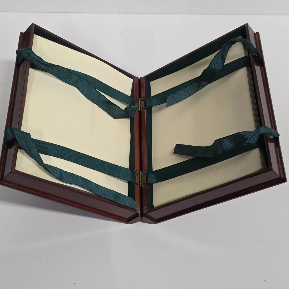 Vintage 1994 Bombay Company Wood Stationery Box Ribbon Tie Mahogany Finish